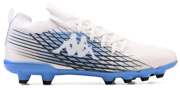 Chuteira de futebol branca com detalhes azuis e preto, ideal para jogos e treinamentos, fabricada para atletas que buscam performance e estilo.