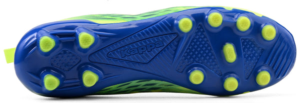 Chuteira de futebol com sola azul com detalhes em verde limão, 12 cravos e design moderno, ideal para jogadores que buscam desempenho.
