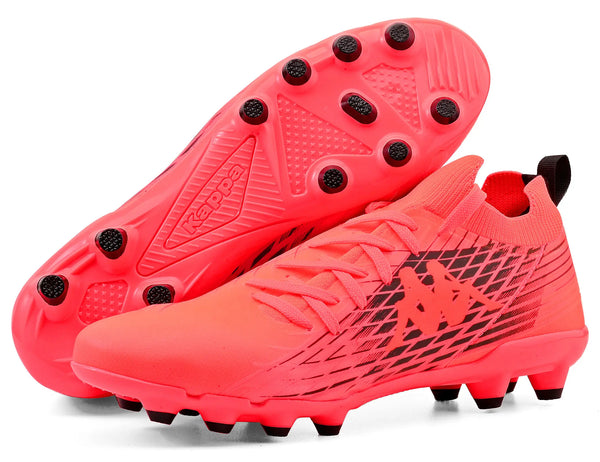 Chuteira Kappa para jogadores profissionais ou amadores, na cor rosa com detalhes pretos, com sola antiderrapante e cravos para melhor performance em campos de gramado.