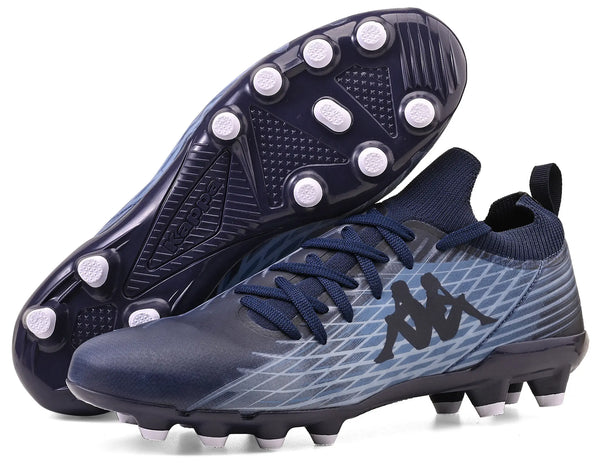 Chuteira de futebol Kappa com design moderno azul e preto, solado com cravos para melhor aderência em campo.