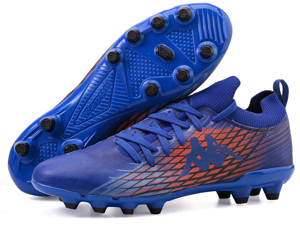 Chuteira de futebol Kappa com design inovador em cores azul e laranja, ideal para jogos profissionais e treinos, com sola de tração otimizada para o campo.