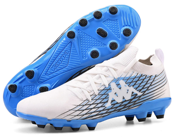 Chuteira de futebol branca e azul com logo da Kappa, destaque para sola com tachas para tração em campo. Ideal para atletas profissionais e amadores.