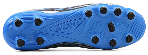 Imagem do solado da chuteira Kappa maestro campo. Modelo na cor azul com 12 cravos, ideal para jogadores que buscam desempenho e tração em campo.