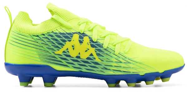 Chuteira de futebol Kappa com design moderno, cor amarela brilhante e detalhes em azul, ideal para jogadores que buscam desempenho e estilo no campo.