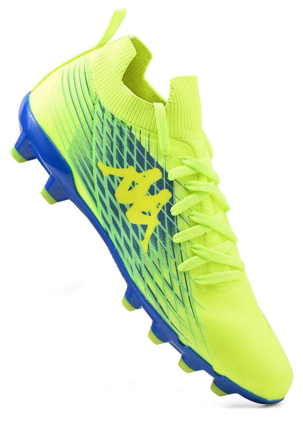 Chuteira de futebol Kappa com design amarelo e azul, destaque para o logo da marca na lateral.