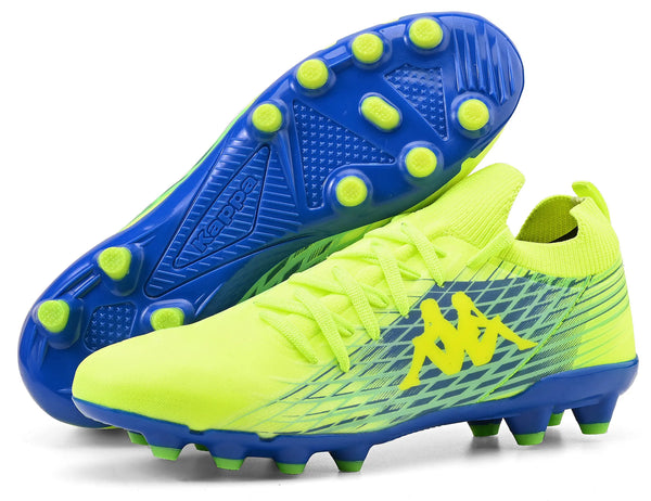 Chuteira de futebol com cores neon amarela e azul, tênis para campo com sola com cravos, ideal para atletas e praticantes de futebol.