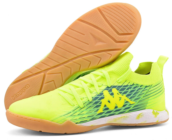 Tênis esportivo amarelo com detalhes verdes e azuis e sola antiderrapante, ideal para corrida e atividades físicas, da marca Kappa, com design moderno e confortável.