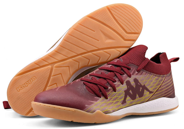 Chuteira masculina com solado em borracha, design moderno na cor vinho com detalhes em dourado.