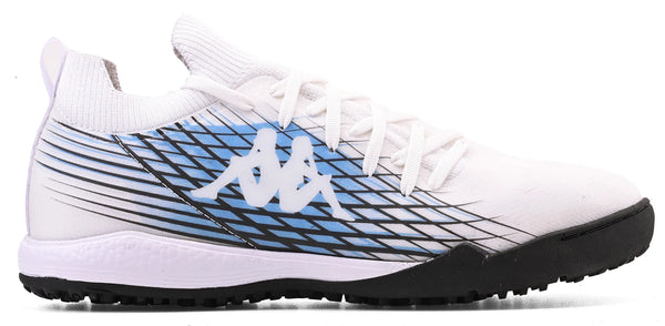 Chuteira branca com detalhes em azul e preto, perfeito para corrida ou atividades físicas, com design leve e confortável.