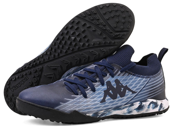 Chuteira masculina Kappa com design moderno em cores azul e preto, ideal para corrida e atividades físicas, com solado antiderrapante.