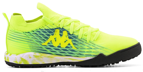 Chuteira da marca Kappa na cor amarelo neon com detalhes azuis e verdes e solado branco e preto, ideal para atividades físicas.