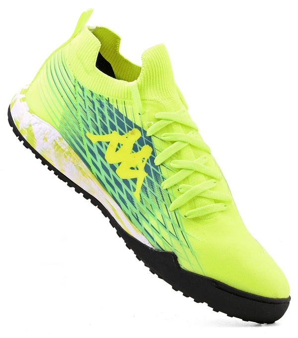 Chuteira amarela com detalhes em azul e logotipo de corredor na lateral, ideal para corrida e atividades físicas.