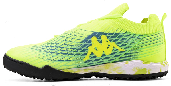 Chuteira Kappa de cores vibrantes amarelo e azul com detalhes da marca e solado preto, voltado para esportes.