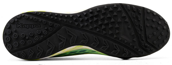 Imagem da sola da chuteira Kappa, com detalhes em borracha preta e design de tração para corrida ou atividades físicas.