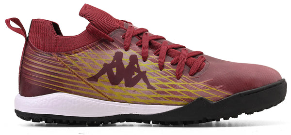 Chuteira na cor vinho com detalhes dourados, voltado para práticas esportivas e estilo casual. Confortável e com design moderno.