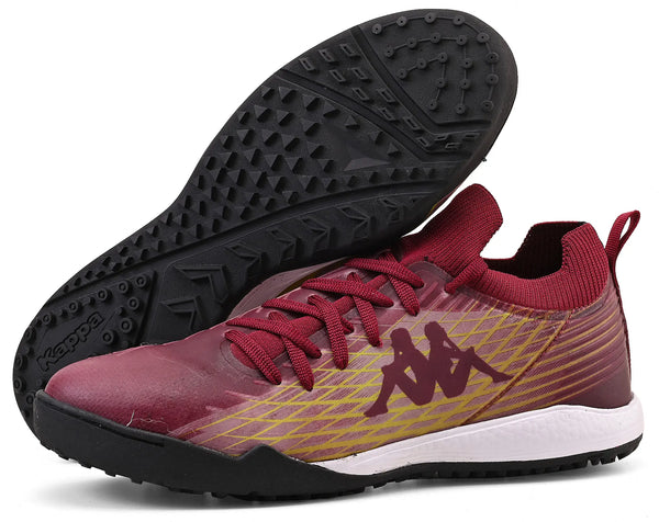 Chuteira na cor vinho com detalhes dourados e logotipo da Kappa, com sola antiderrapante, ideal para atividades físicas.