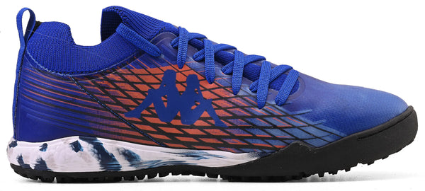 Chuteira Kappa azul com detalhes em laranja, branco e preto, ideal para corrida e atividades físicas, com sola antiderrapante e design moderno.