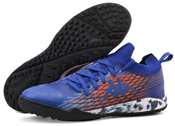 Chuteira da marca Kappa na cor azul com detalhes em laranja e sola antiderrapante, ideal para corrida e atividades físicas.