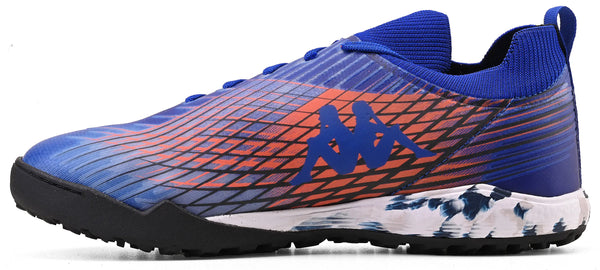 Chuteira azul com detalhes em laranja e logotipo da Kappa na lateral, ideal para corrida e atividades físicas.