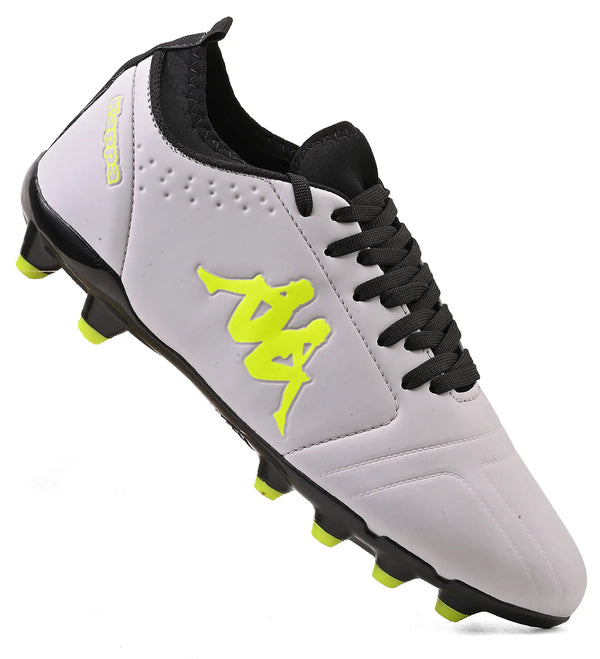 Chuteira de futebol cinza com detalhes em amarelo neon, indicada para praticantes de esportes, com sola equipada com cravos para melhor tração em campo.