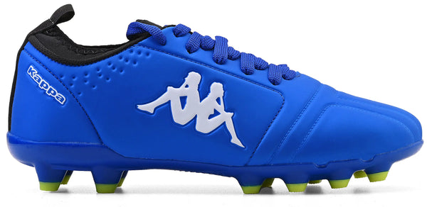 Chuteira Kappa azul com detalhes em branco e sola com cravos para melhor aderência no gramado, ideal para jogadores que buscam performance e conforto.