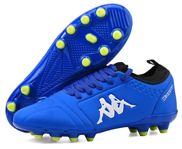 Chuteira Kappa azul com detalhes em preto e cravos no solado para gramado, ideal para jogadores.