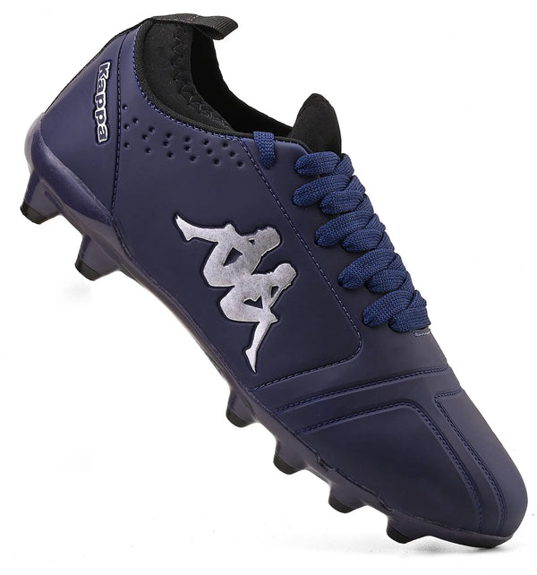 Chuteira de futebol azul com detalhes em preto e logo prateado lateral, ideal para jogadores que buscam performance e conforto em campo.