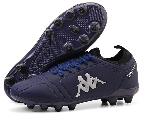 Chuteira de futebol Kappa azul com detalhes em cinza e sola com travas, ideal para jogos em campo de grama natural ou sintética.