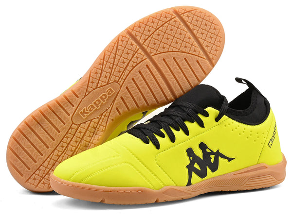 Chuteira amarela da marca Kappa com detalhes pretos e sola de borracha antiderrapante, ideal para prática de esportes e atividades físicas.