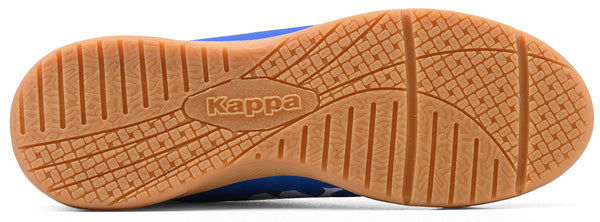 Imagem de sola da chuteira azul Kappa, com detalhes na sola antiderrapante e marca visível no centro, apresentando um design em relevo para melhor aderência.