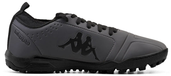 Chuteira grafite da Kappa com detalhes em preto e design moderno e confortável para atividades físicas, ideal para quem busca estilo e desempenho.