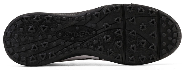 Sola da chuteira branca e preta com design antiderrapante e detalhes em triângulo, ideal para atividades físicas, marca Kappa presente na sola.