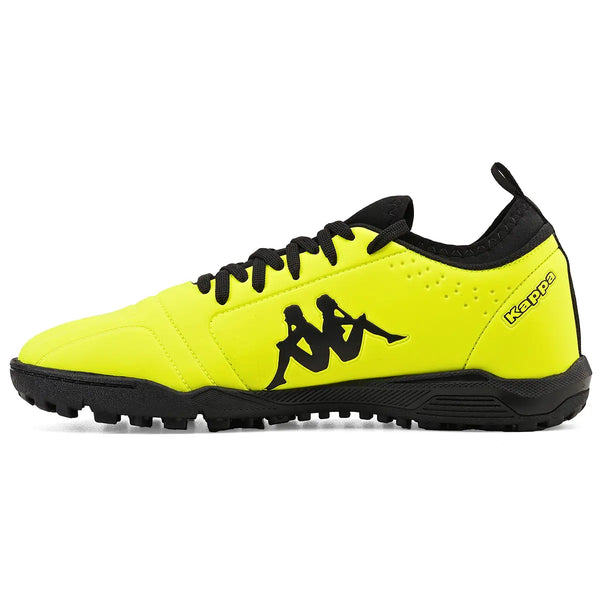 Chuteira amarela com detalhes pretos da Kappa, ideal para esportes, com design confortável e durável.