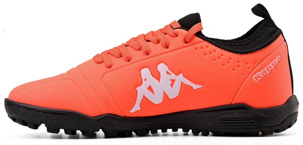 Chuteira laranja com detalhes brancos da Kappa, ideal para esportes, com design confortável e durável.