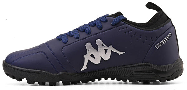 Chuteira azul marinho com detalhes pratas da Kappa, ideal para esportes, com design confortável e durável.