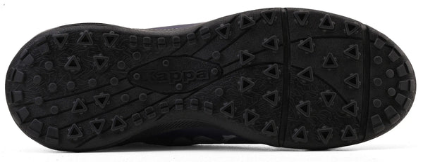 Imagem da sola da chuteira azul marinho Kappa Milan II Society, com detalhes em relevo na cor preta, ideal para esportes, com ênfase na tração para não derrapar.