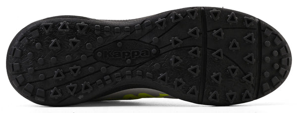 Imagem da sola da chuteira prata Kappa Milan II Society, com detalhes em relevo na cor preta, ideal para esportes, com ênfase na tração para não derrapar.