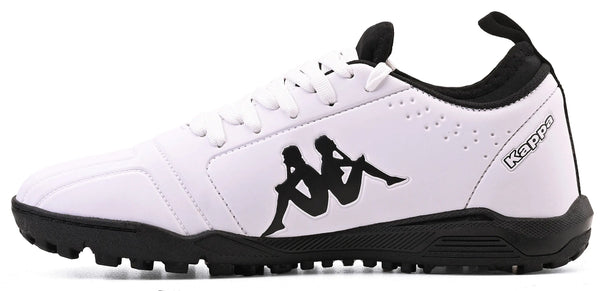 Chuteira branca com detalhes pretos da Kappa, ideal para esportes, com design confortável e durável.