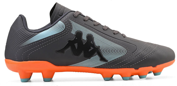 Chuteira de futebol grafite com design moderno, detalhes em azul e laranja e logo Kappa na lateral, ideal para prática esportiva e com alta performance.