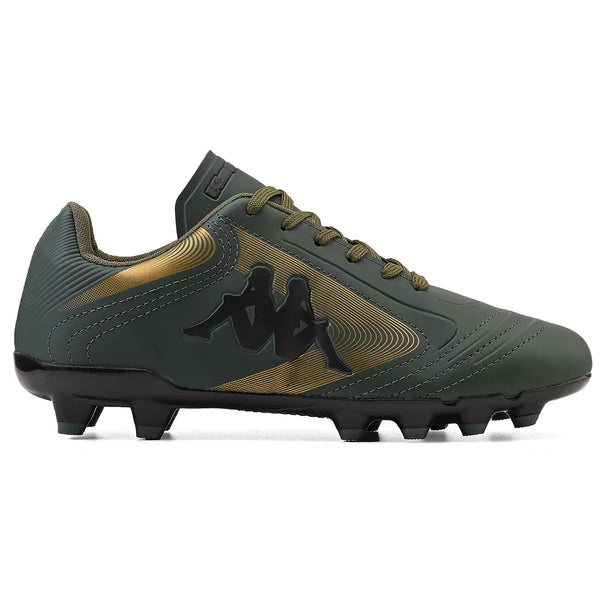 Chuteira de futebol verde com design moderno, detalhes em dourado e preto e logo Kappa na lateral, ideal para prática esportiva e com alta performance.