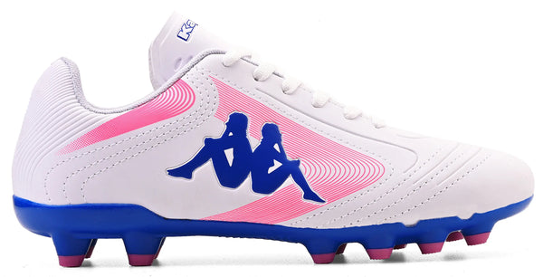 Chuteira de futebol branca com design moderno, detalhes em azul e rosa e logo Kappa na lateral, ideal para prática esportiva e com alta performance.