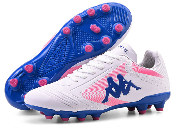 Imagem de chuteira de futebol branca com detalhes em rosa e sola azul com cravos rosas, ideal para jogos em gramados.