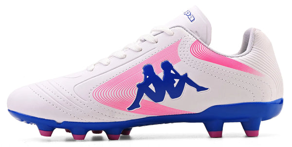 Imagem de chuteira de futebol moderna branca com detalhes azuis e rosas, ideal para jogadores que buscam conforto e desempenho em campo.