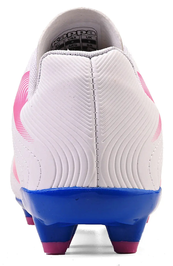 Imagem de chuteira, com sola azul e cabedal branco, ideal para praticar futebol.