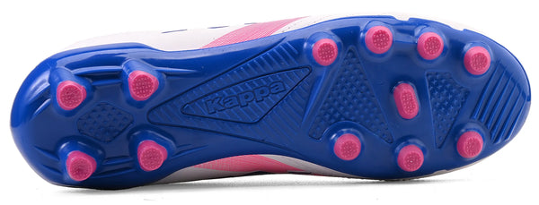 Imagem de chuteira Kappa com solado em cor azul e cravos em rosa, ideal para atividades físicas.