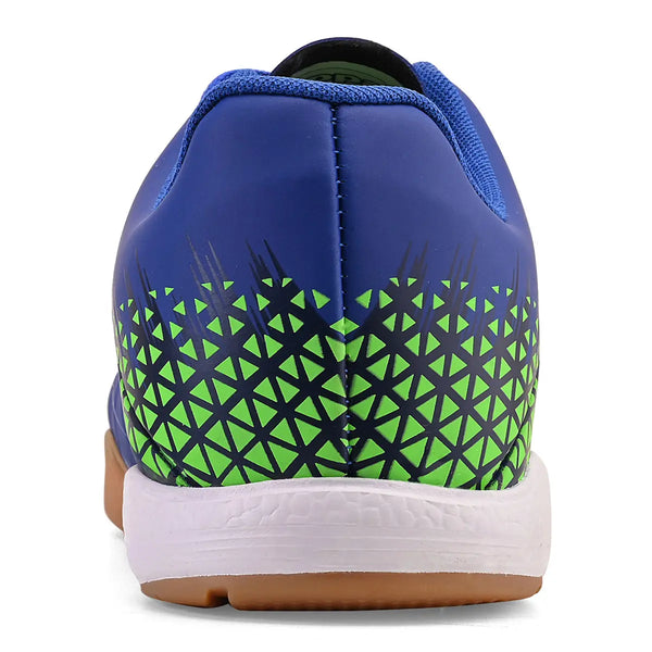 Parte de trás da chuteira esportiva azul Kappa, com detalhes verdes e sola de borracha.