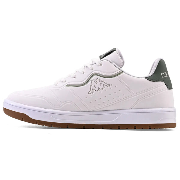 Tênis branco Kappa com detalhes cinza e sola de borracha antiderrapante, confortável e ideal para o dia a dia. 