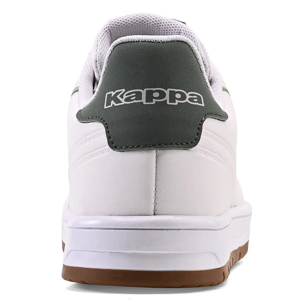 Tênis branco Kappa com detalhe cinza na parte de trás, vista de trás, com sola de borracha marrom e design esportivo.