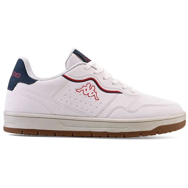 Tênis Kappa branco com detalhes vermelhos e azul marinho, estilo casual e confortável, ideal para uso diário e esportivo.