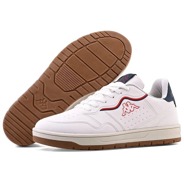 Tênis Kappa branco com detalhes vermelhos e azul marinho, com sola de borracha antiderrapante, ideal para uso casual e esportivo.